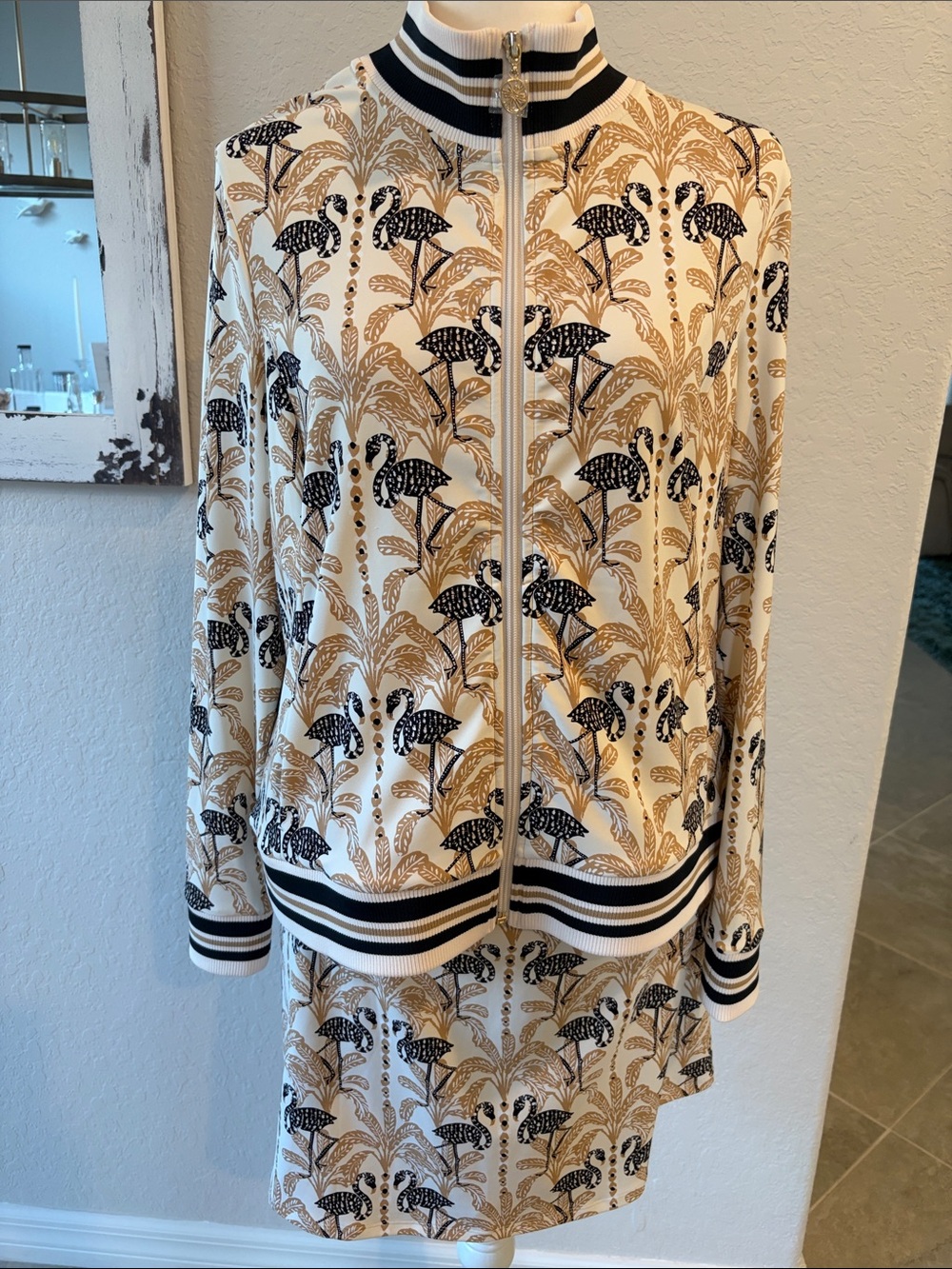 Lilly Pulitzer Cream, Gold & Black Flamingo Zip Jacket